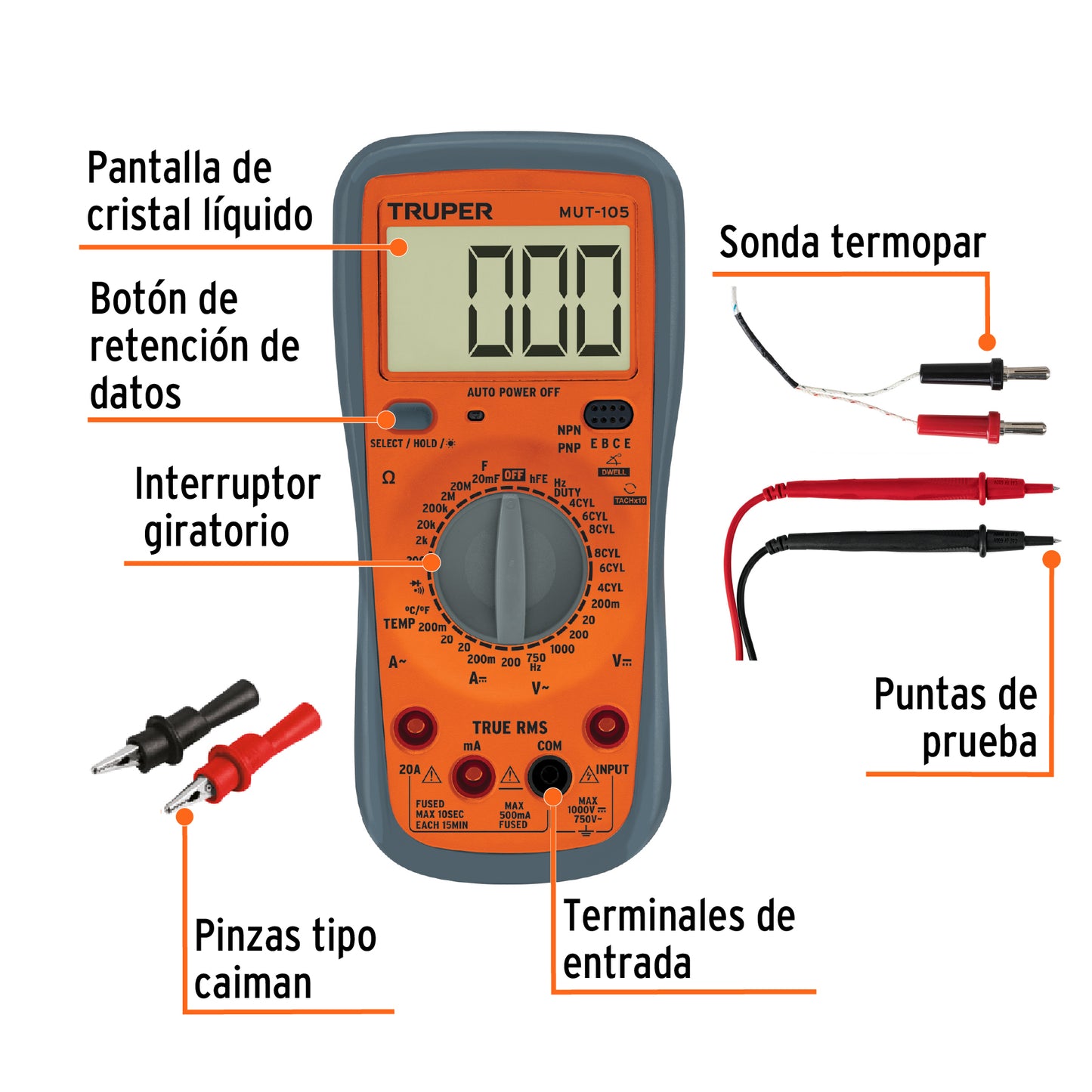 MUT-105 Multímetro digital profesional, mantenimiento automotriz