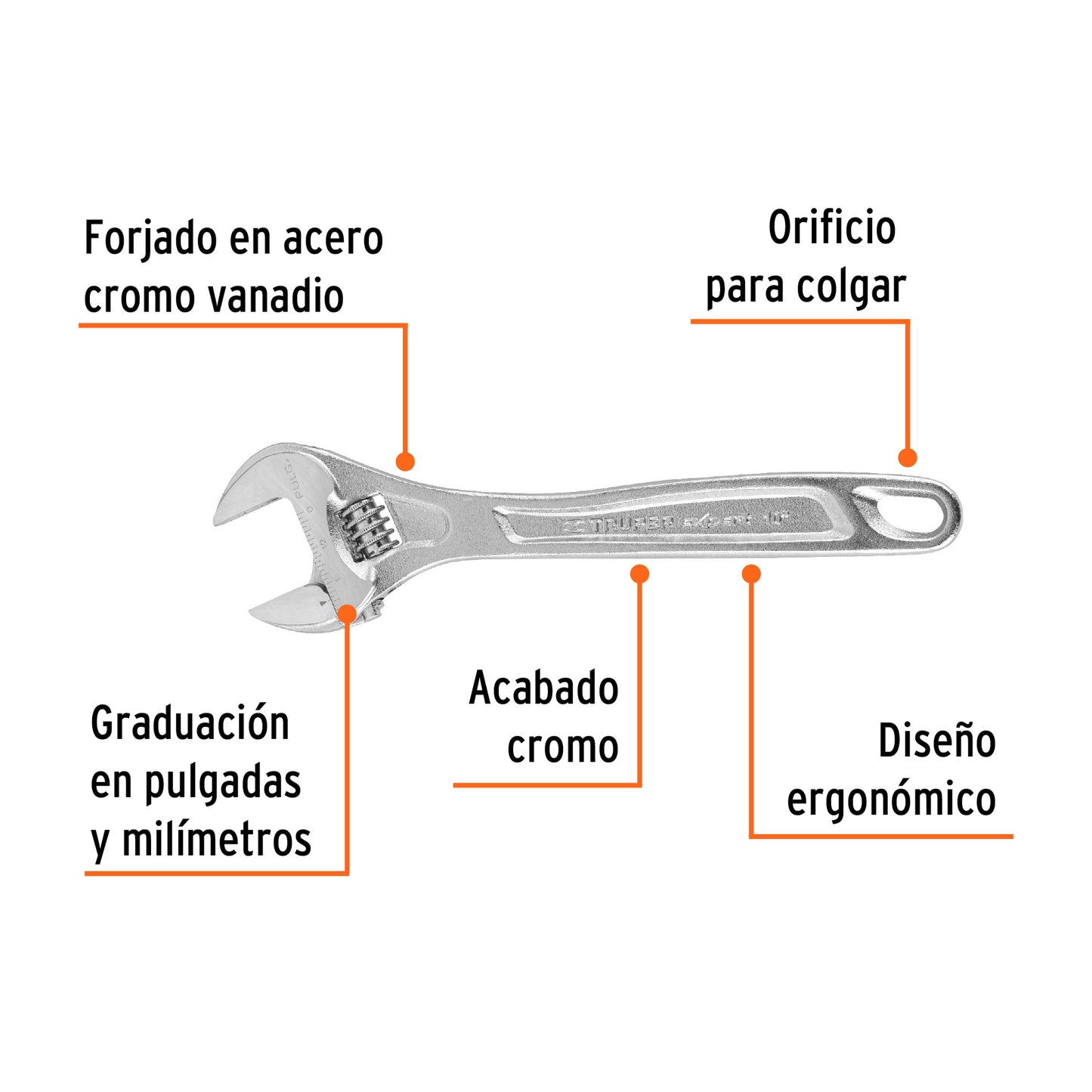 PET-10C Llave expansiva profesional, cromada 10", Truper Expert