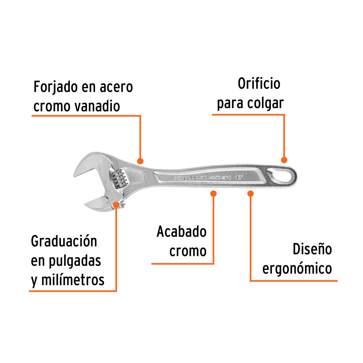 PET-12C Llave expansiva profesional, cromada 12", Truper Expert
