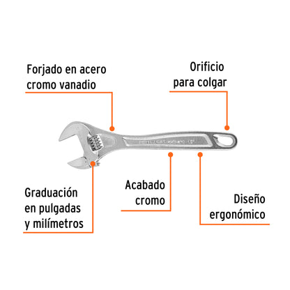 PET-12C Llave expansiva profesional, cromada 12", Truper Expert