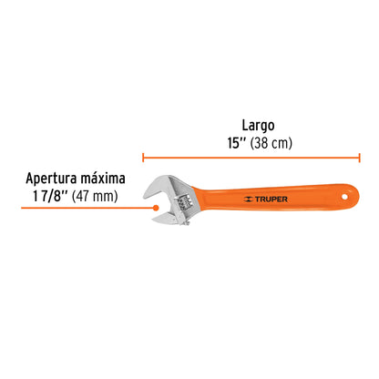 PET-15X Llave ajustable (perico), cromado 15', mango de PVC