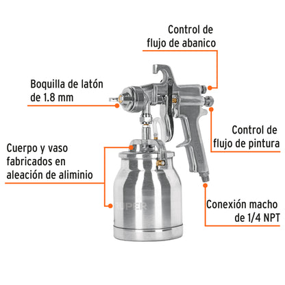 PIPI-310 Pistola para pintar de succión HVHP, vaso aluminio, 1.8 mm, 2 perillas