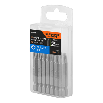 PUDE-1202-15 Puntas Phillips #2, 2', estuche con 15 piezas, Expert
