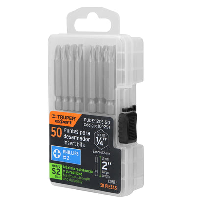 PUDE-1202-50 Puntas Phillips #2, 2', estuche con 50 piezas, Expert