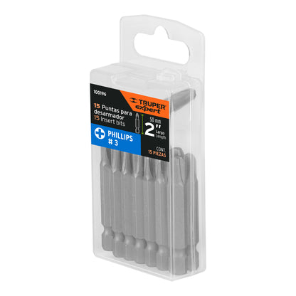 PUDE-1203-15 Puntas Phillips #3, 2', estuche con 15 piezas, Expert