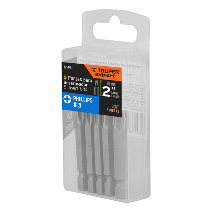 PUDE-1203 Puntas Phillips #3, 2', estuche con 5 piezas, Expert