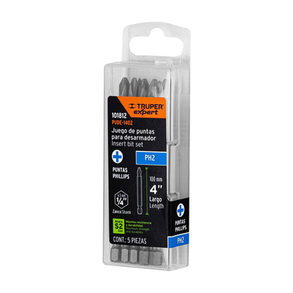 PUDE-1402 Puntas para desarmador Philips #2 largo 4', 5 pzas, Expert