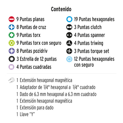PUN-100 Juego 100 piezas, puntas de desarmador 1', con estuche
