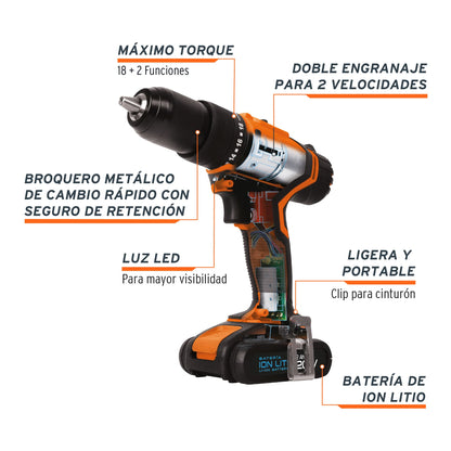 ROTI-18A2 Taladro percutor inalámbrico, batería ion litio, 18 V, 1/2"