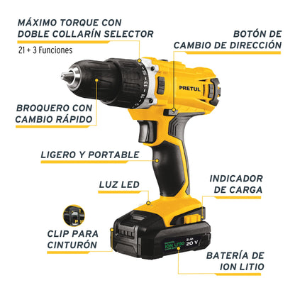 ROTI-20P2 Taladro percutor inalámbrico 1/2',batería ion litio 20V,Pretul