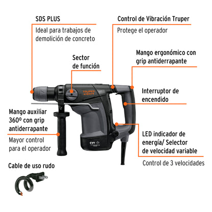 RPLUS-4NX Rotomartillo SDS Plus 4 Joules, 1000 W, Truper Expert