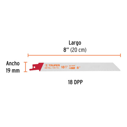 SE-818F Segueta sierra sable, 8', 18 DPP, recta para metales, 2 pzas