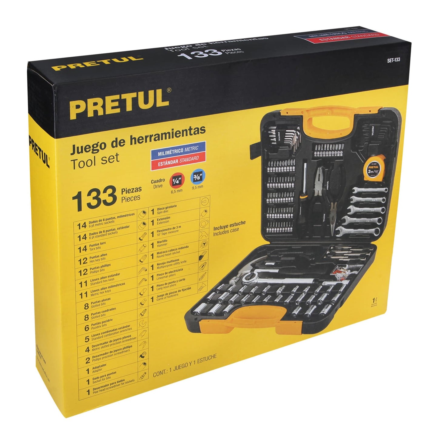 SET-133 Juego de herramientas para mecánico, 133 piezas, Pretul