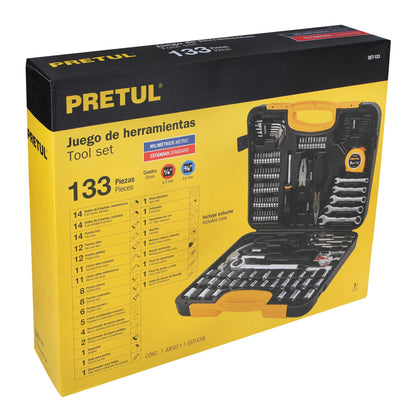 SET-133 Juego de herramientas para mecánico, 133 piezas, Pretul