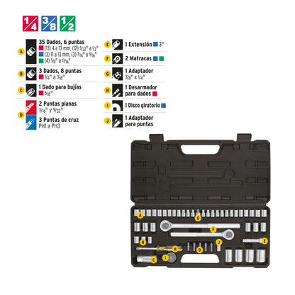 SET-51 Set de herramientas cuadrante de 1/4", 3/8" y 1/2" para mecánica, 51 piezas, Pretul
