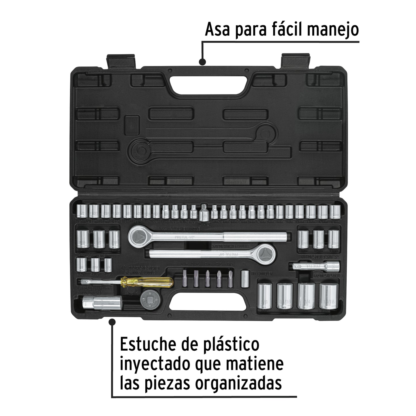 SET-51 Set de herramientas cuadrante de 1/4", 3/8" y 1/2" para mecánica, 51 piezas, Pretul