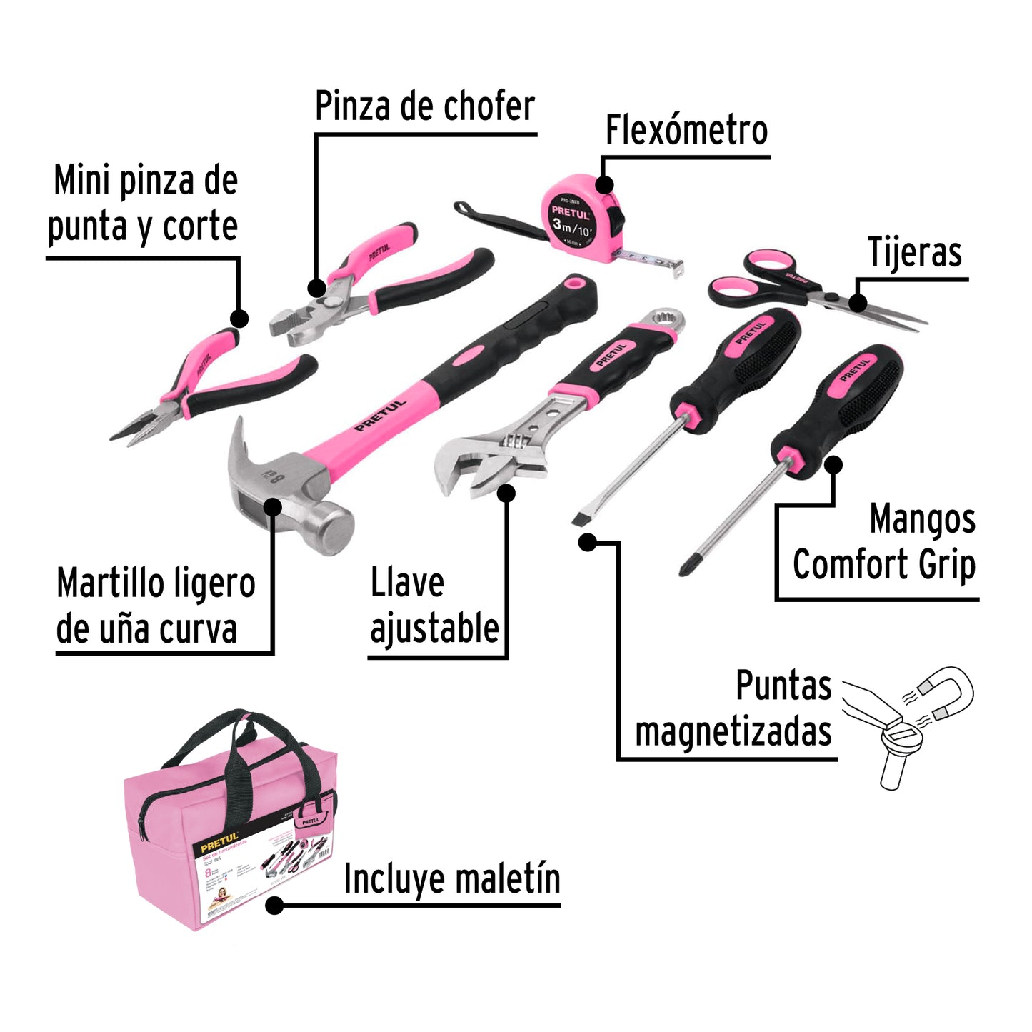 SET-MA8 Juego de herramientas para dama, 8 piezas, Pretul