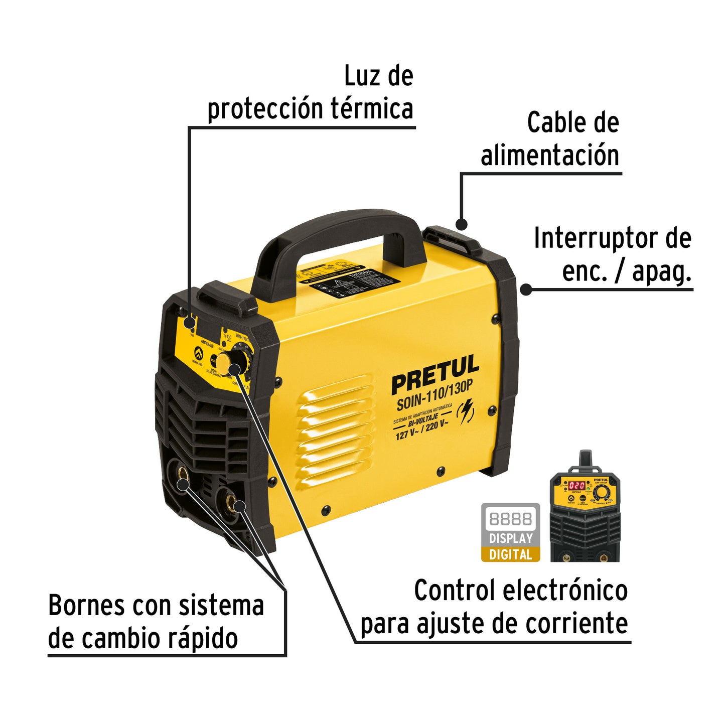 SOIN-110/130P Soldadora inversora SMAW, TIG 130A, Bi-voltaje 127/220V, Pretul