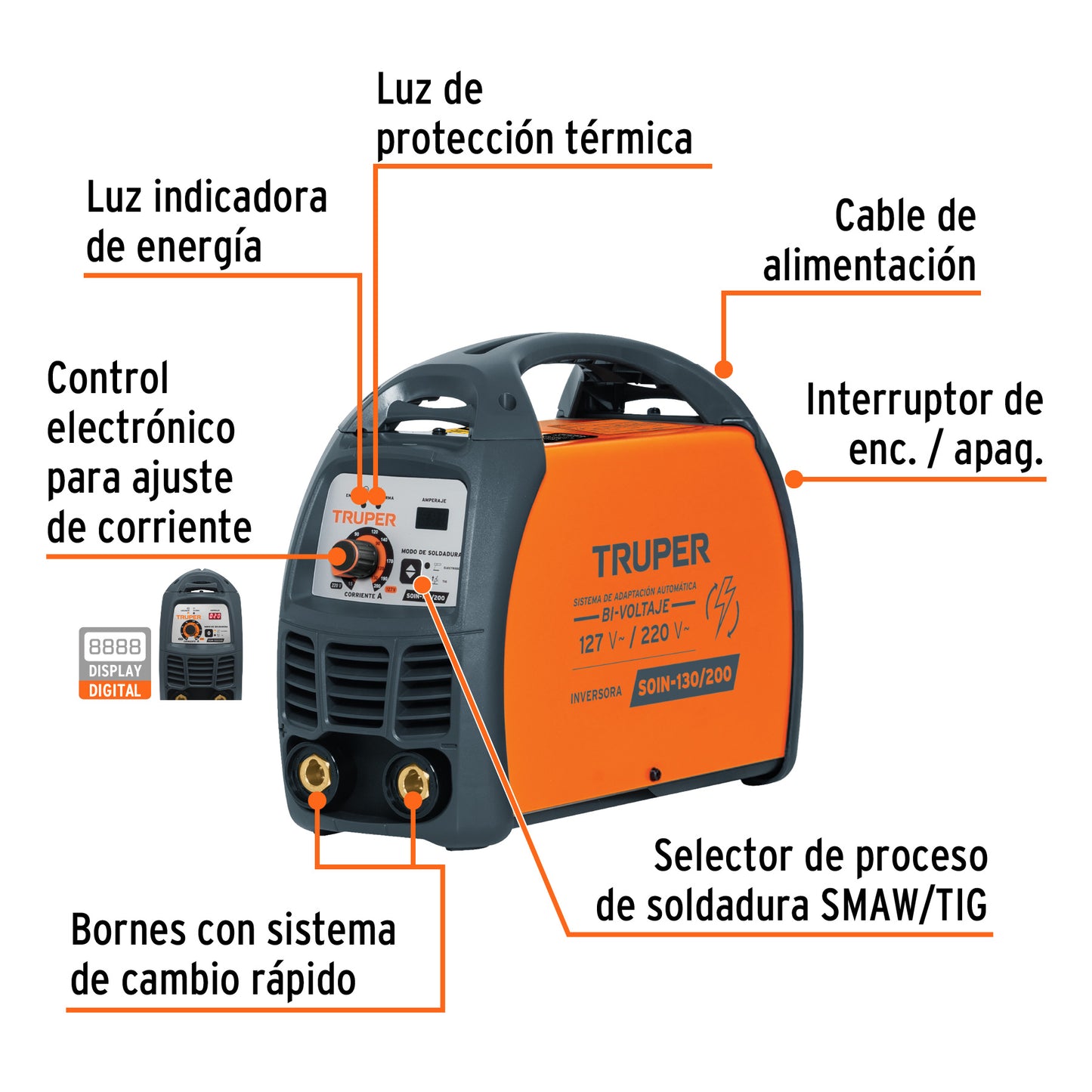 SOIN-130/200 Soldadora inversora SMAW, TIG 130 / 200 A, voltaje dual