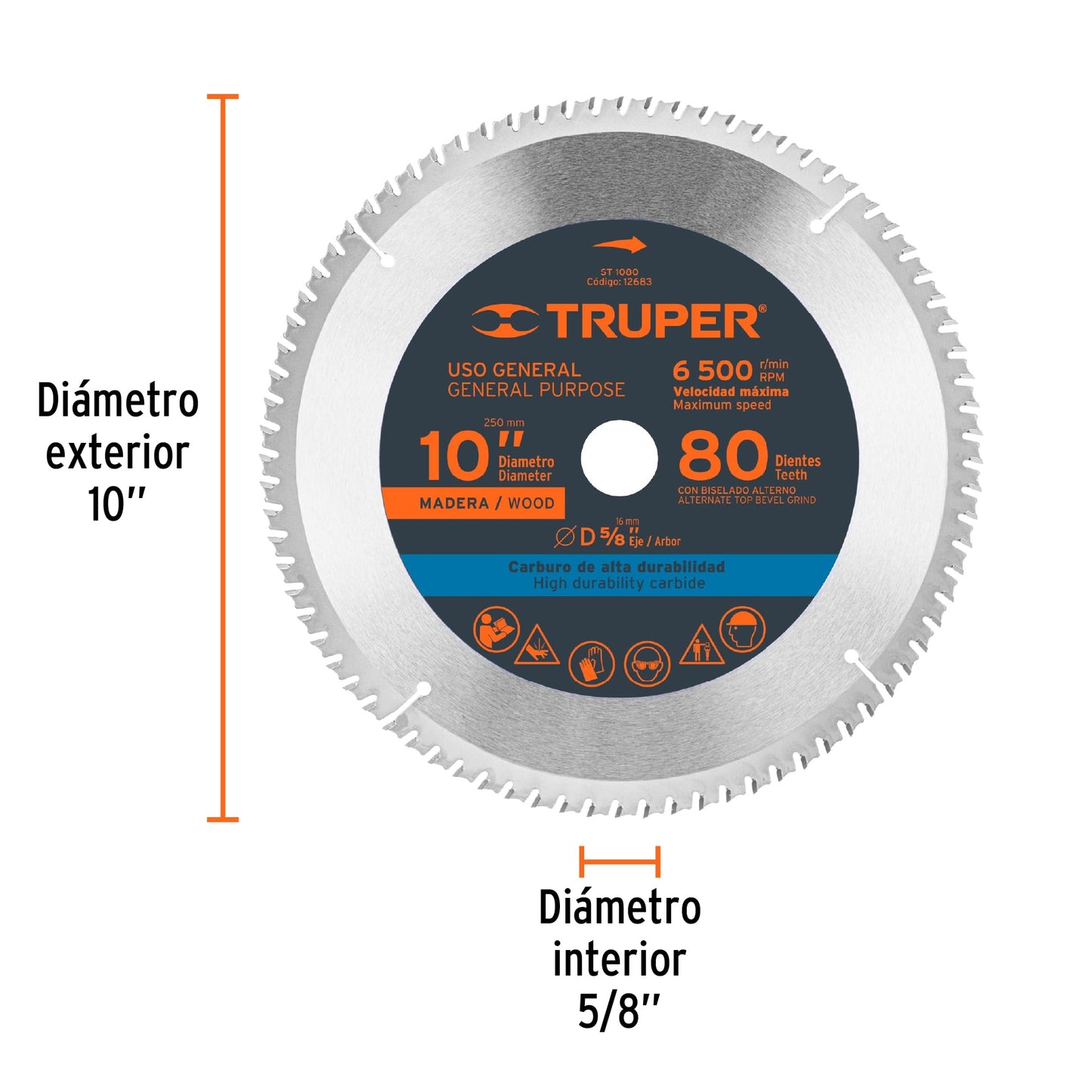 ST-1080 Disco sierra p/madera 10", 80 dientes, centro 5/8"