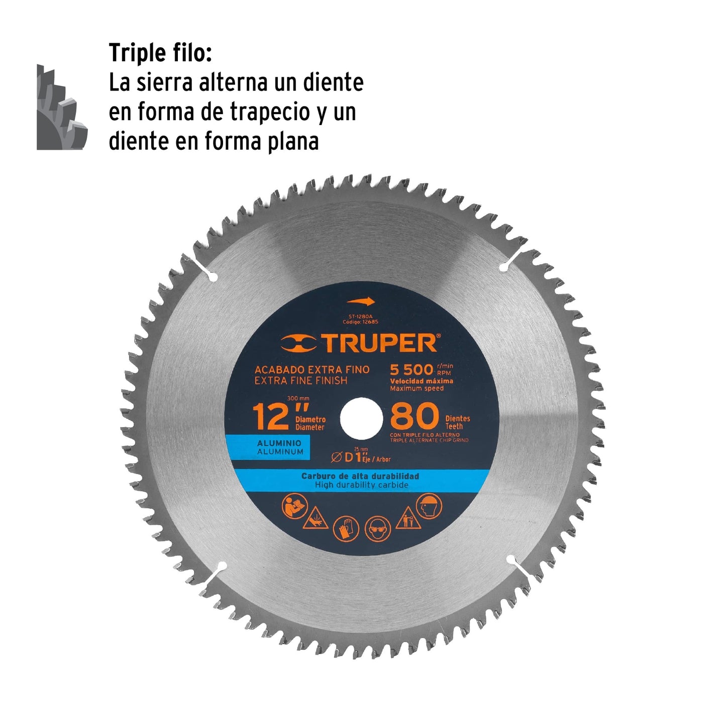 ST-1280A Disco sierra p/aluminio 12", 80 dientes, centro 1"
