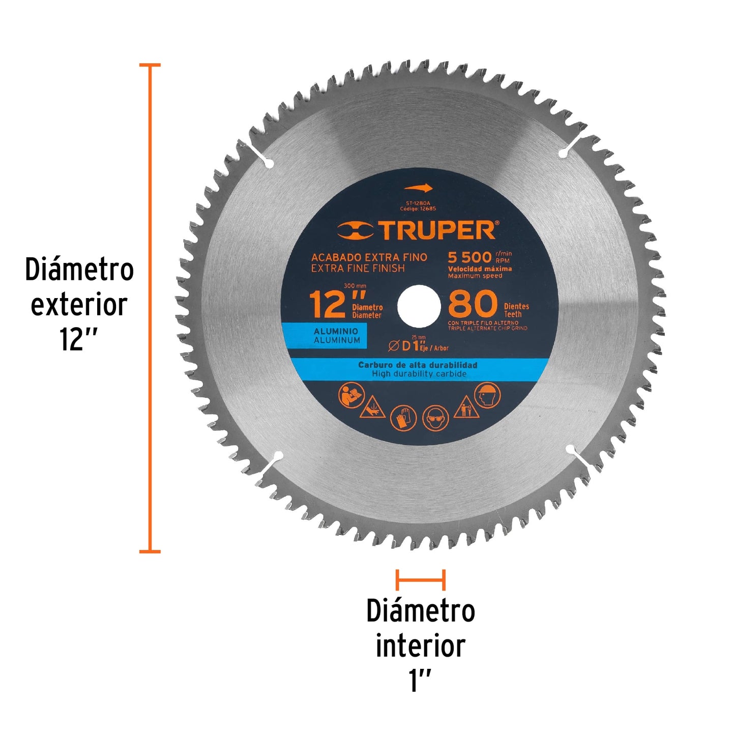 ST-1280A Disco sierra p/aluminio 12", 80 dientes, centro 1"