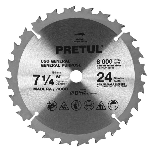ST-724P Disco sierra p/madera 7-1/4',24 dientes, centro 5/8', Pretul