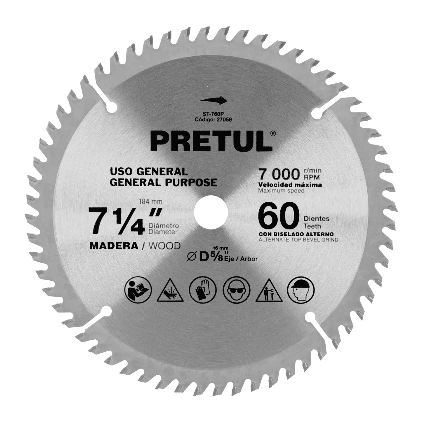 ST-760P Disco sierra p/madera 7-1/4', 60 d, centro 5/8”,Pretul