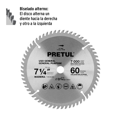 ST-760P Disco sierra p/madera 7-1/4', 60 d, centro 5/8”,Pretul