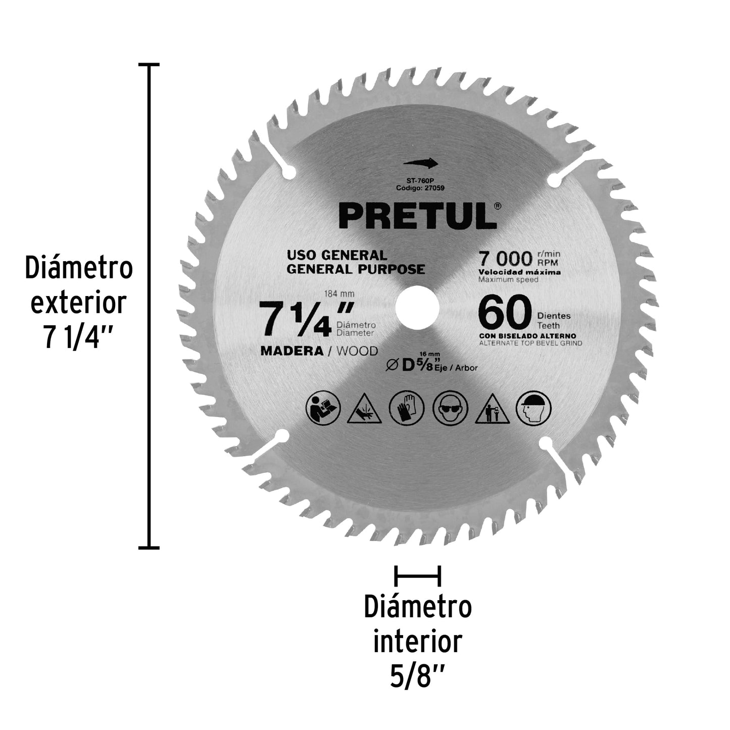 ST-760P Disco sierra p/madera 7-1/4', 60 d, centro 5/8”,Pretul