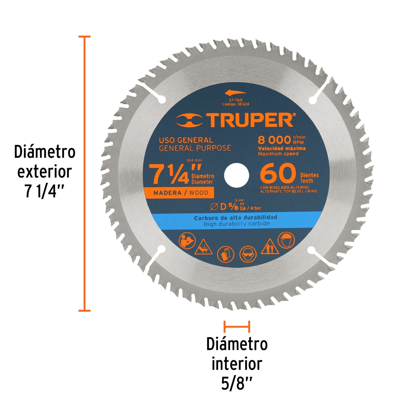 ST-760 Disco sierra p/madera 7- 1/4', 60 dientes, centro 5/8"