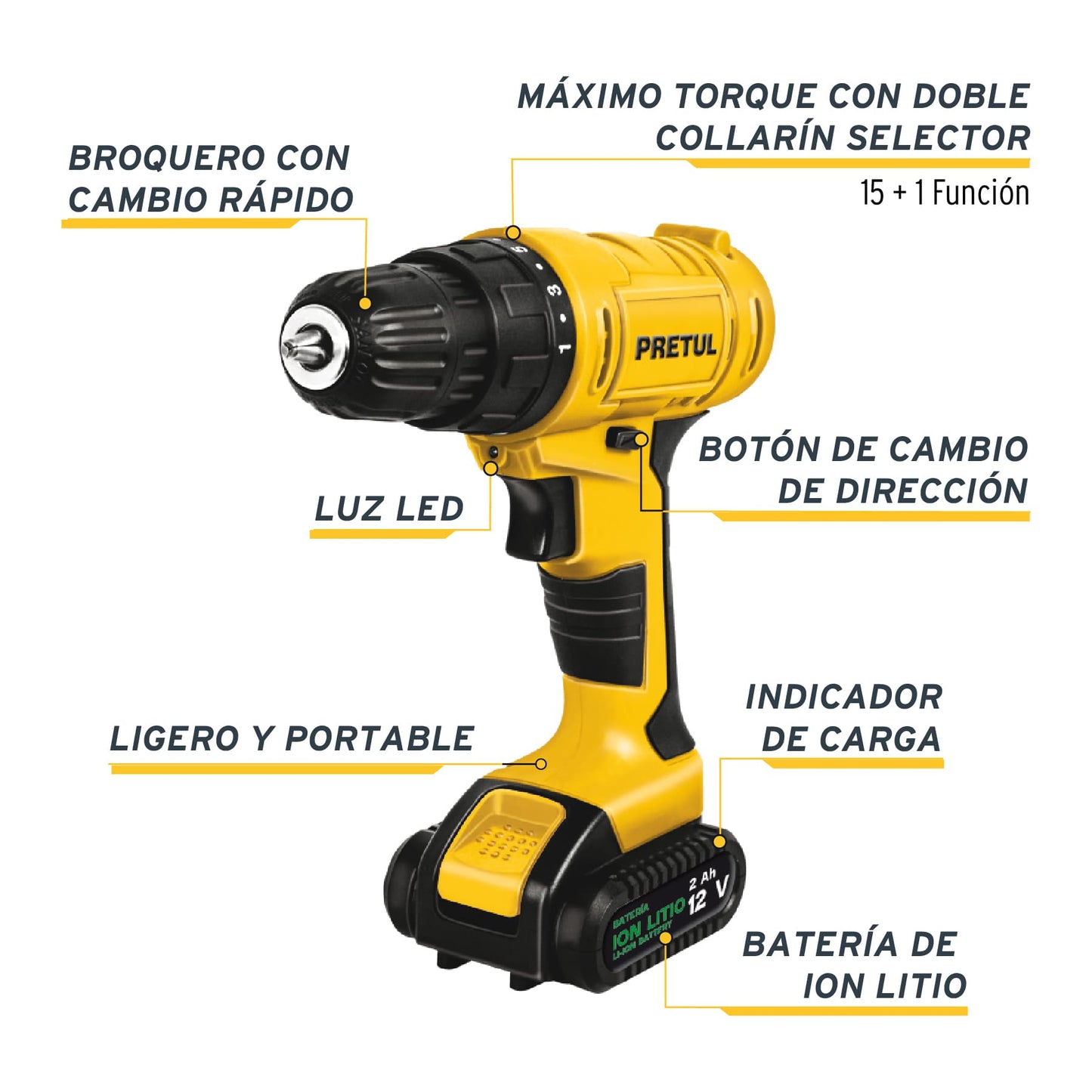 TALI-12P Taladro inalámbrico, batería ion litio 12 V Pretul