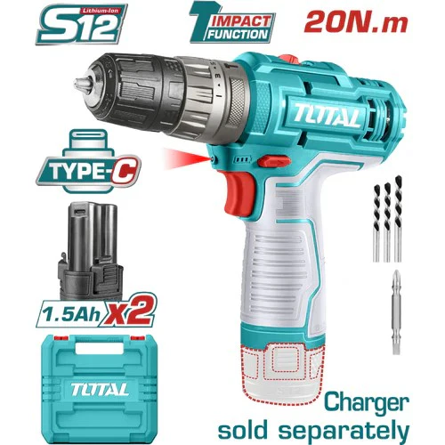 TIDLI12202 Taladro percutor 12V 3/8" 20 Nm con 2 baterías tipo C 1.5A
