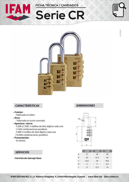 000619 Candado 38 mm de clave 4 diales C40R Serie CR
