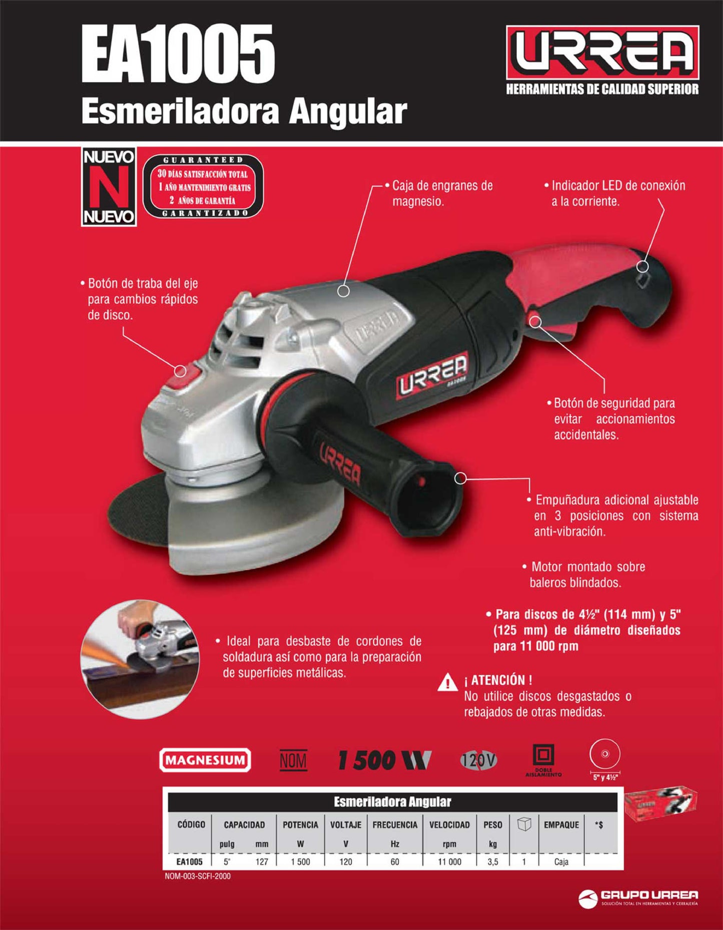 EA1005 Pulidora angular 5" 1500W, uso extra pesado